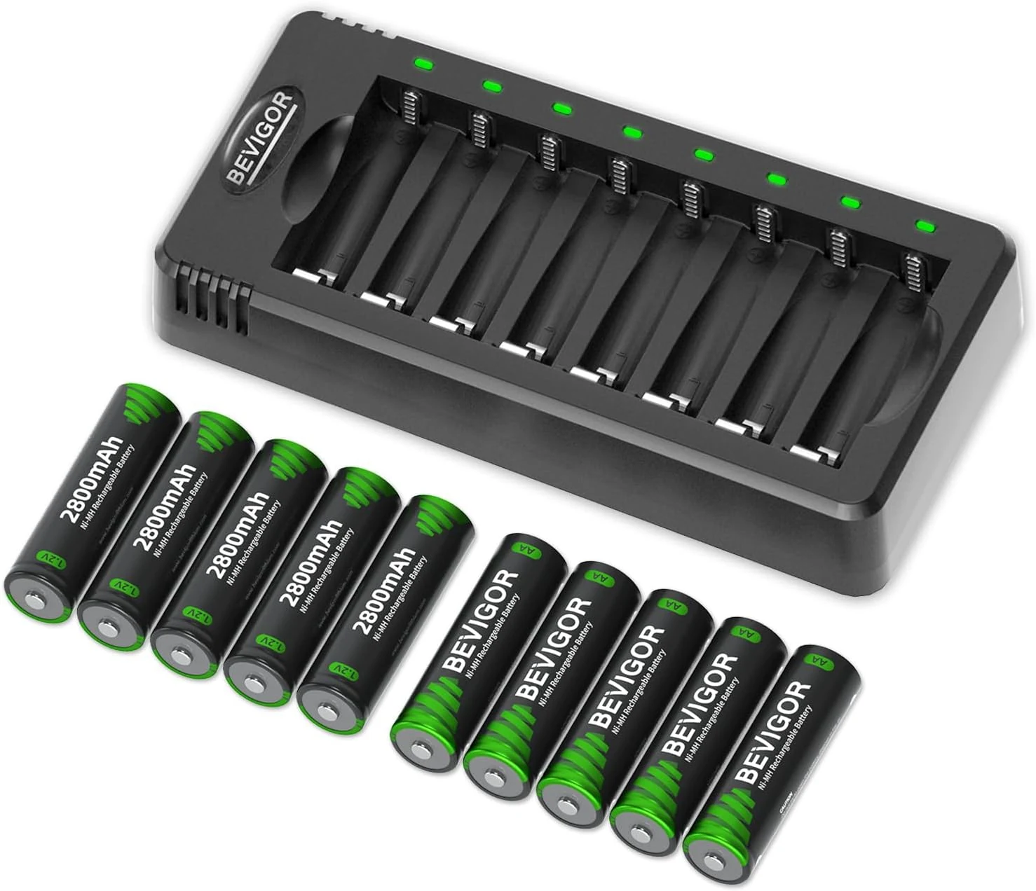 BEVIGOR AA Rechargeable Batteries with Charger, 10-Pack 2800mAh High Capacity NiMH AA Batteries (Smart 8-Bay Charger)