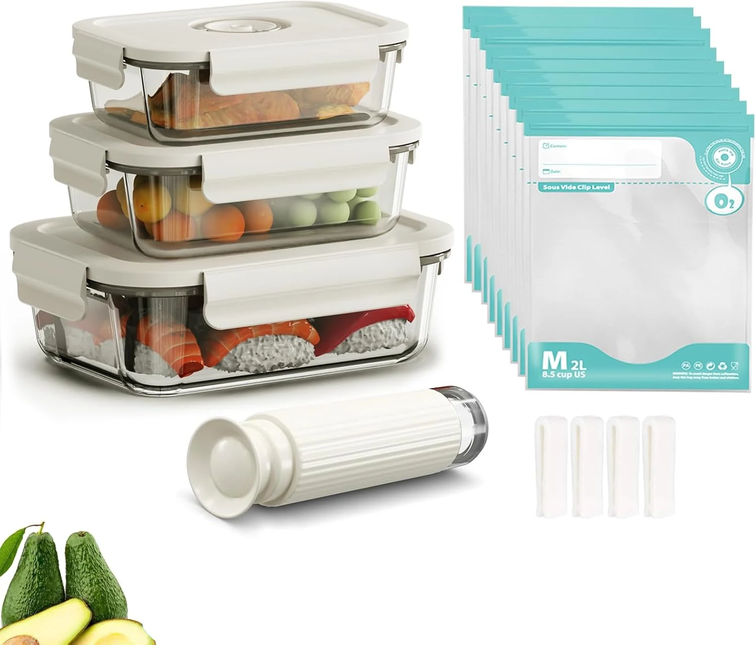 CABIBOX Vacuum Sealer & Food Storage Container Kit (Manual Pump + 3 Glass Vacuum Containers)