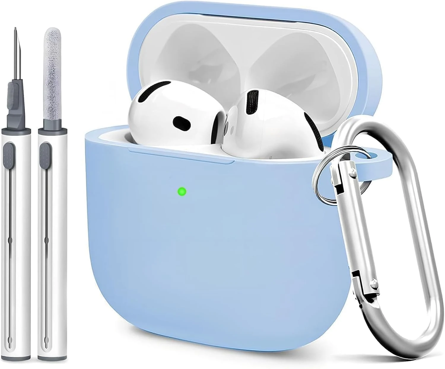 for Airpods 4th Case Cover, Come with Cleaner Kit, Soft Skin Silicone Case Cover with Keychain (Sky Blue)