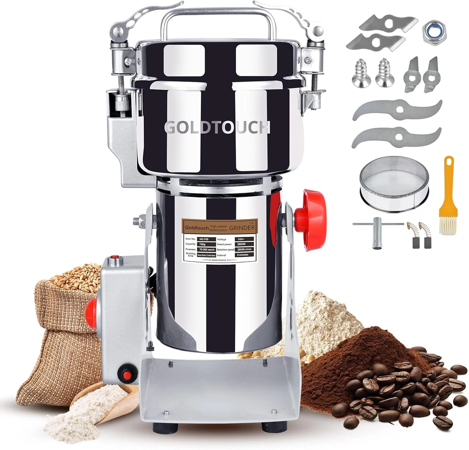 Goldtouch 750g High-Speed Electric Grain Mill Grinder, 2800W 110V Stainless Steel Flour Mill
