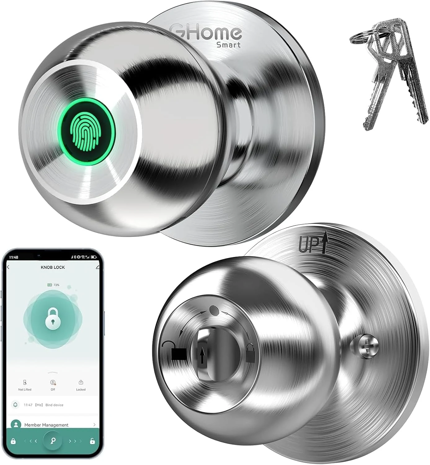GHome Smart Fingerprint Door Lock, 3 in 1 Smart Fingerprint Door Knob with App Control & Key, Auto Lock