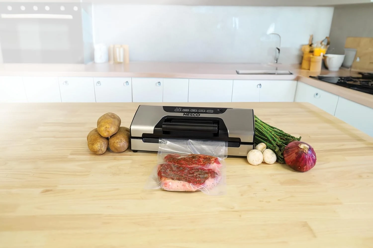 Nesco FreshLock Pro VS-15 Stainless Steel Vacuum Sealer, moist and dry seal, roll storage, 120 watts