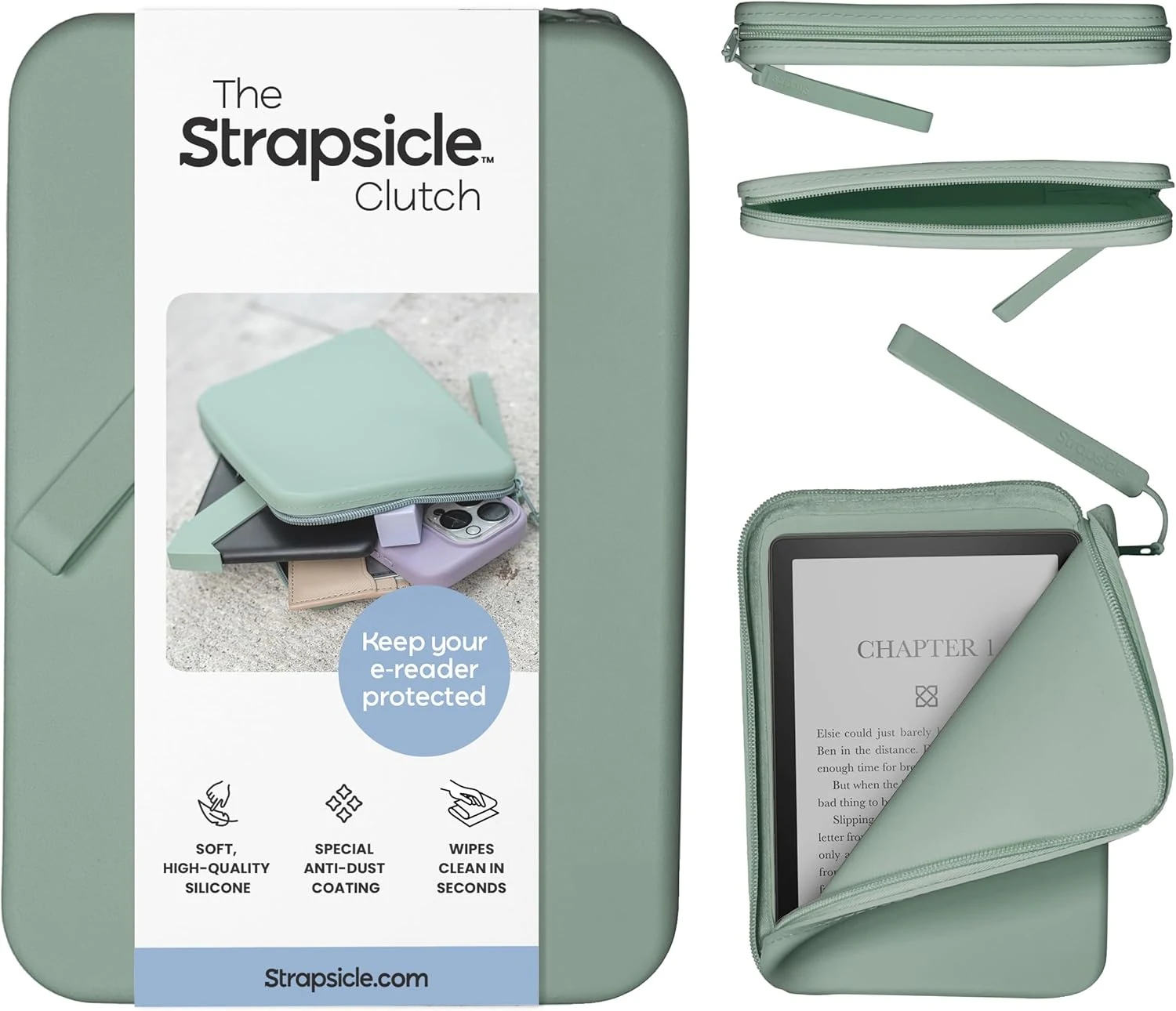 Strapsicle Silicone Clutch for Kindle & E-Readers – Multi-Purpose Bag for Phone, Wallet & Keys – Fits 6.8″–7″ Paperwhite 2024, 6″ Kindles, Kobos, Nook – Anti-Dust Coating - Sage