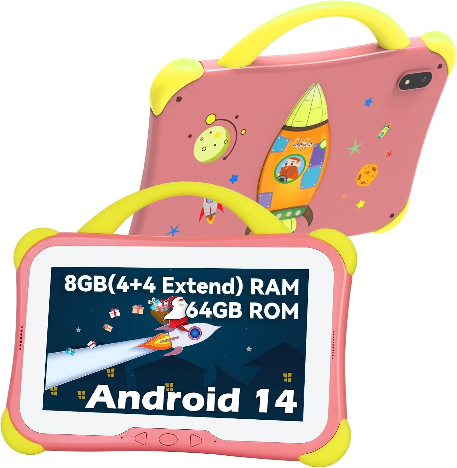 weelikeit Kids Tablet 7 Inch Tablets for Kids 3-10, 8GB(4+4 Extend) RAM 64GB ROM Toddler Tablet Android 14 with Dual Camera, Parental Control, Solid Case, WiFi, YouTube, Learning App Installed(Pink)
