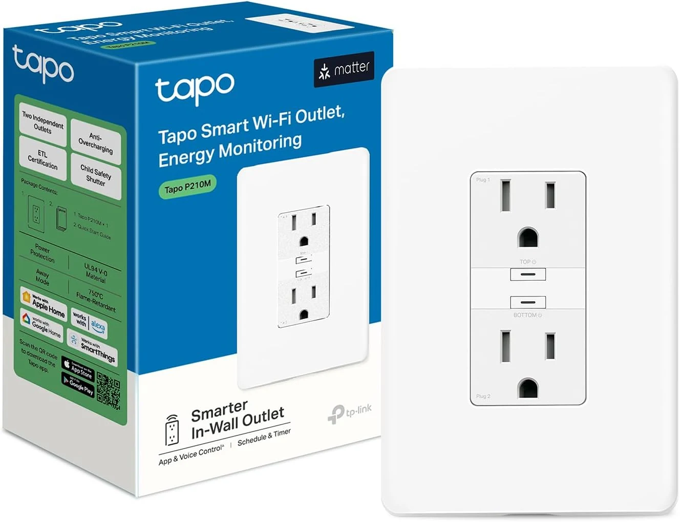 Tapo Smart Plug, Wi‑Fi In‑Wall Outlet (Matter Compatible) with Energy Monitoring (P210M)