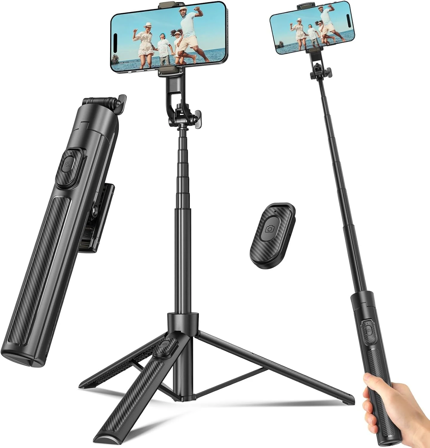 Selfie Stick Travel Tripod for Cell Phone with Remote Control and Phone Holder (63 Inch, Black)