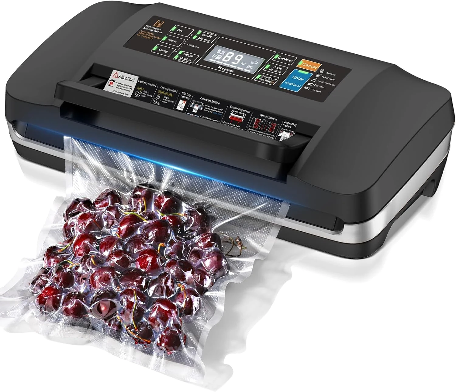 95kpa Vacuum Sealer Machine,Commercial Full Automatic Food Sealer,10-in-1 Sealing System with Double Heat Seal,Bags Storage, Easy-Lock Handle,Build-in Cutter,1 Bag Rolls and 10 pcs Pre-cut Bags