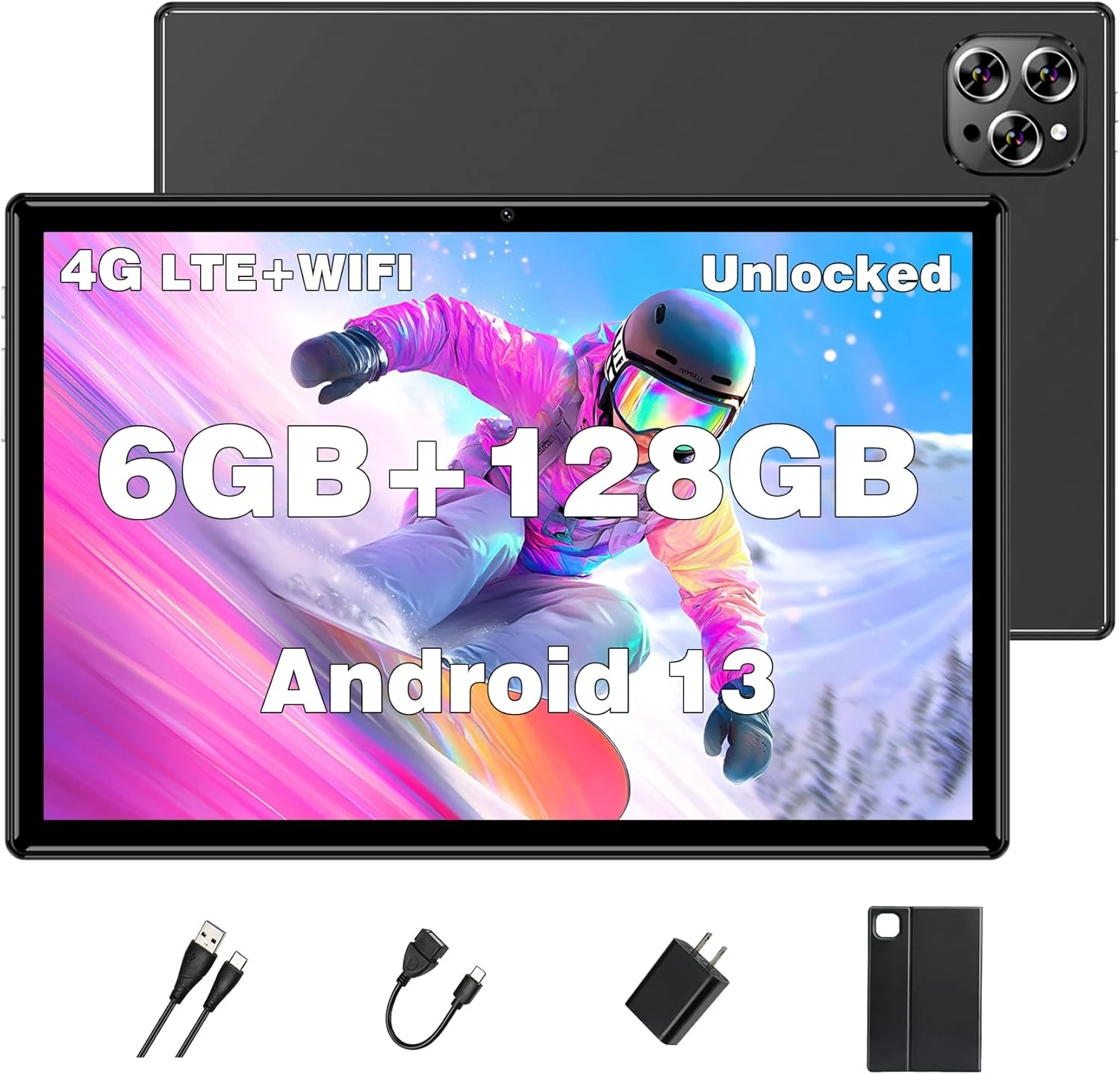Android Tablet 10 Inch, Octa-Core Android 13 Unlocked Tablet with SIM Card Slot (6GB RAM, 128GB, Black)