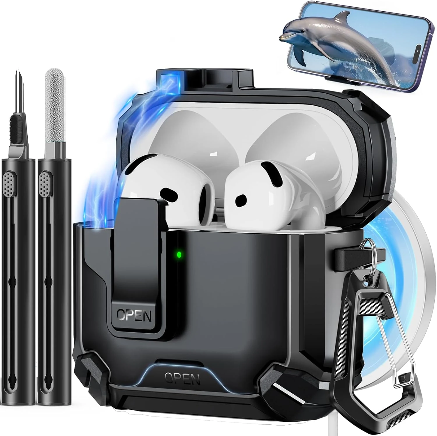 Pohgelan Compatible with AirPods 4 Case, Magnetic Automatic Lock with Phone Stand & Cleaning Kit (Magsafe cover)