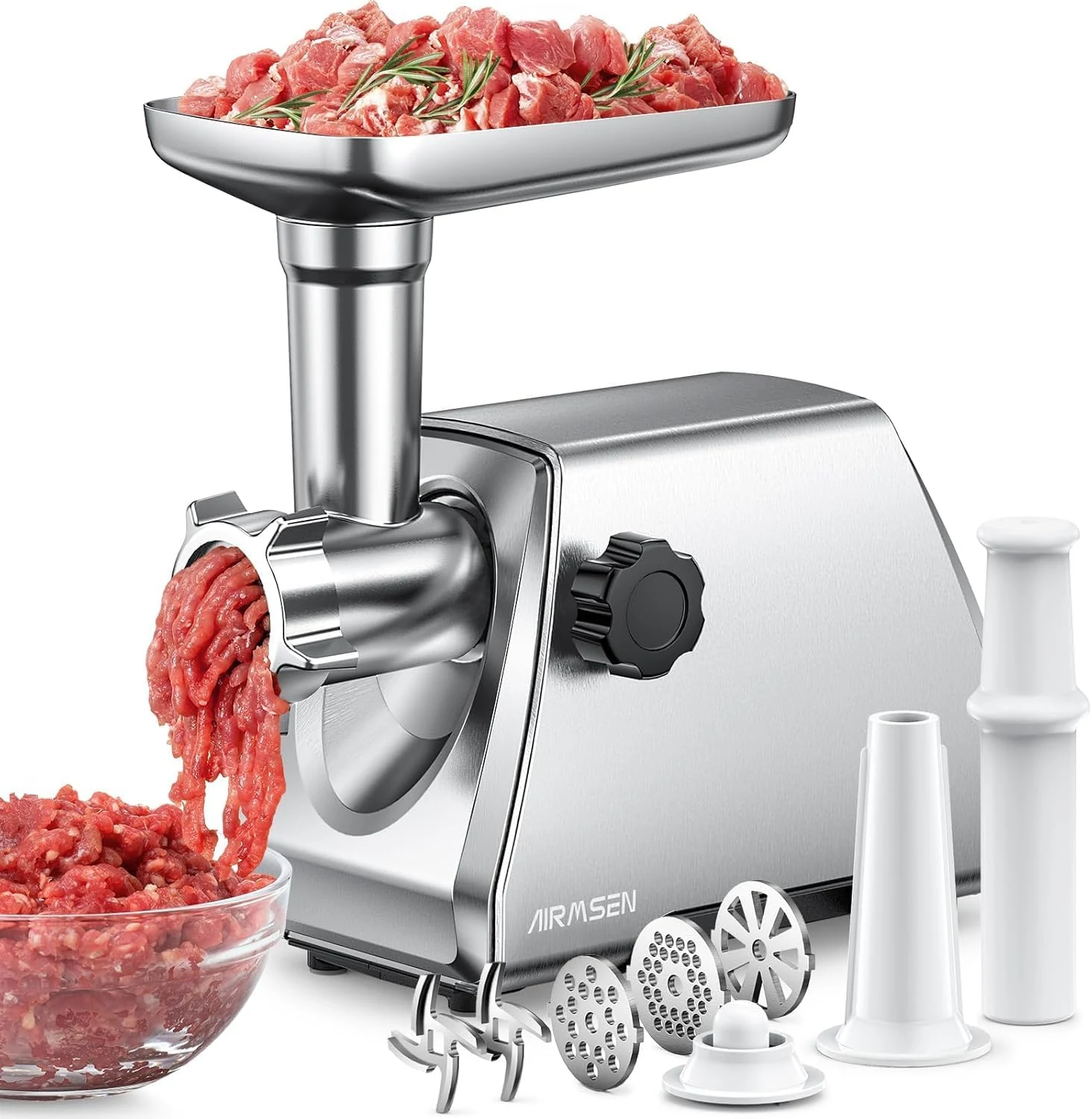 AIRMSEN Electric Meat Grinder & Mincer – Heavy Duty Professional Stainless Steel Sausage Maker & Stuffer with 3 Plates, 2 Stainless Blades & Kubbe Kit