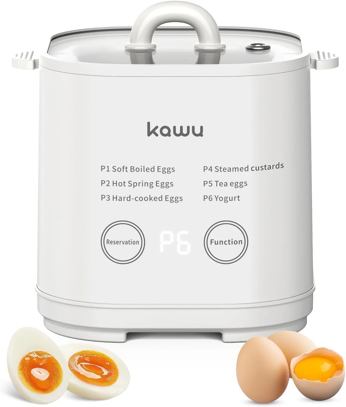 Kawu Egg Cooker, 6-in-1 Electric Egg Boiler for Hard Boiled Eggs, Yogurt, Custard, 12H Delay Start & Auto Shut Off, Portable Egg Steamer Breakfast Maker with Stainless Steel Bowl, 4 Eggs