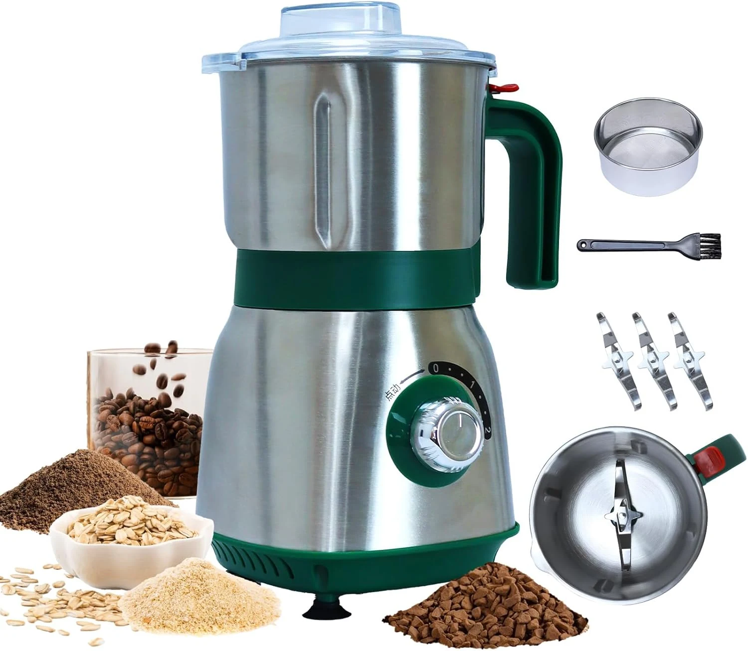 SIMOHOT 500W Electric Dry Spice Grinder (Green, 600ml, 3 Removable Stainless Steel Blades)