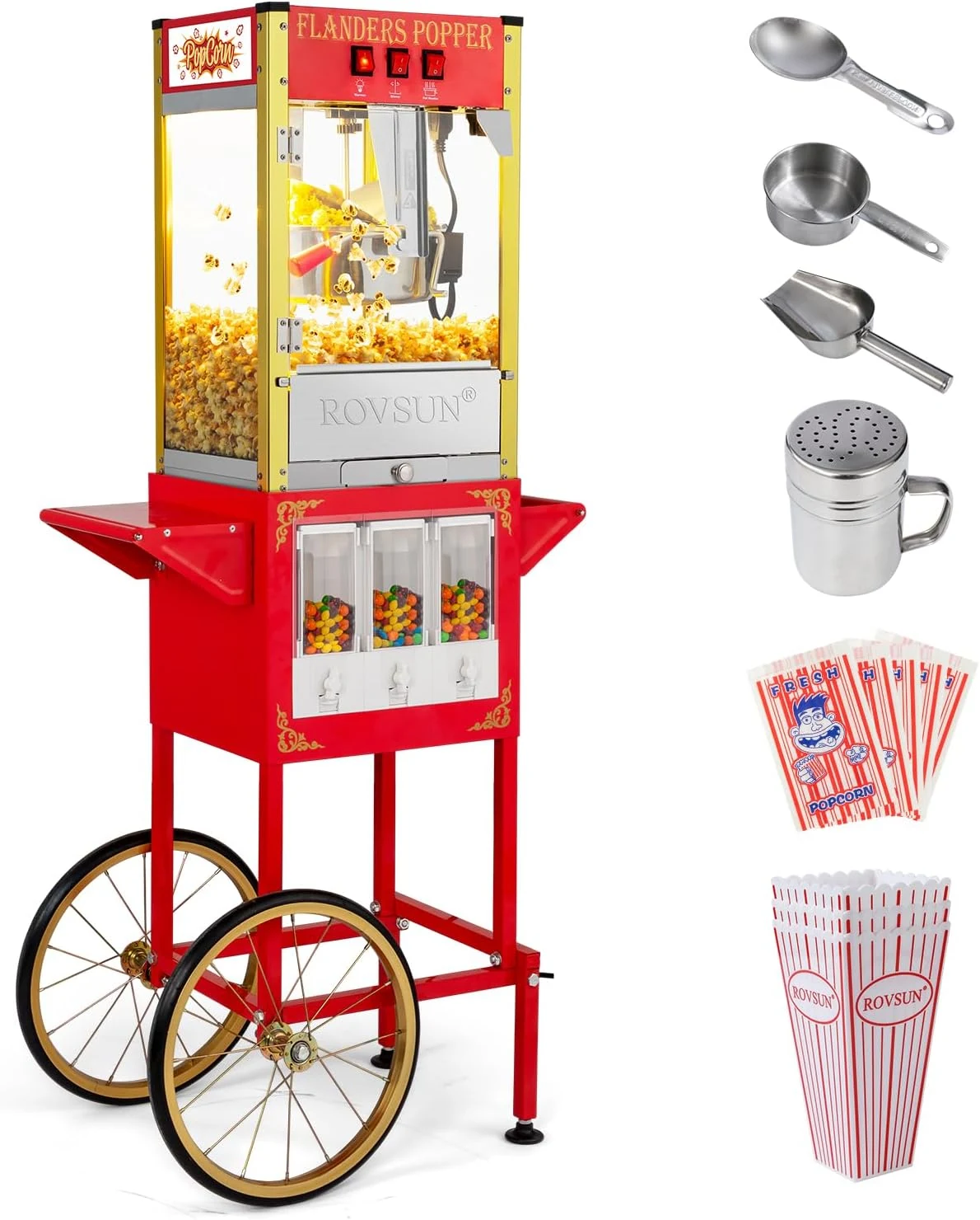 ROVSUN Popcorn Machine Movie Theater Style with Cart & Wheels, 8 Ounce Kettle Makes Up to 32 Cups Popcorn Maker