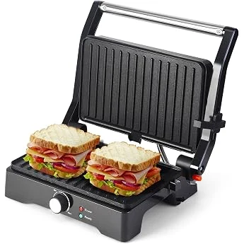Amazon Basics Panini Press & Electric Indoor Grill with Adjustable Temperature Settings, Non-Stick Ceramic Plates, Black