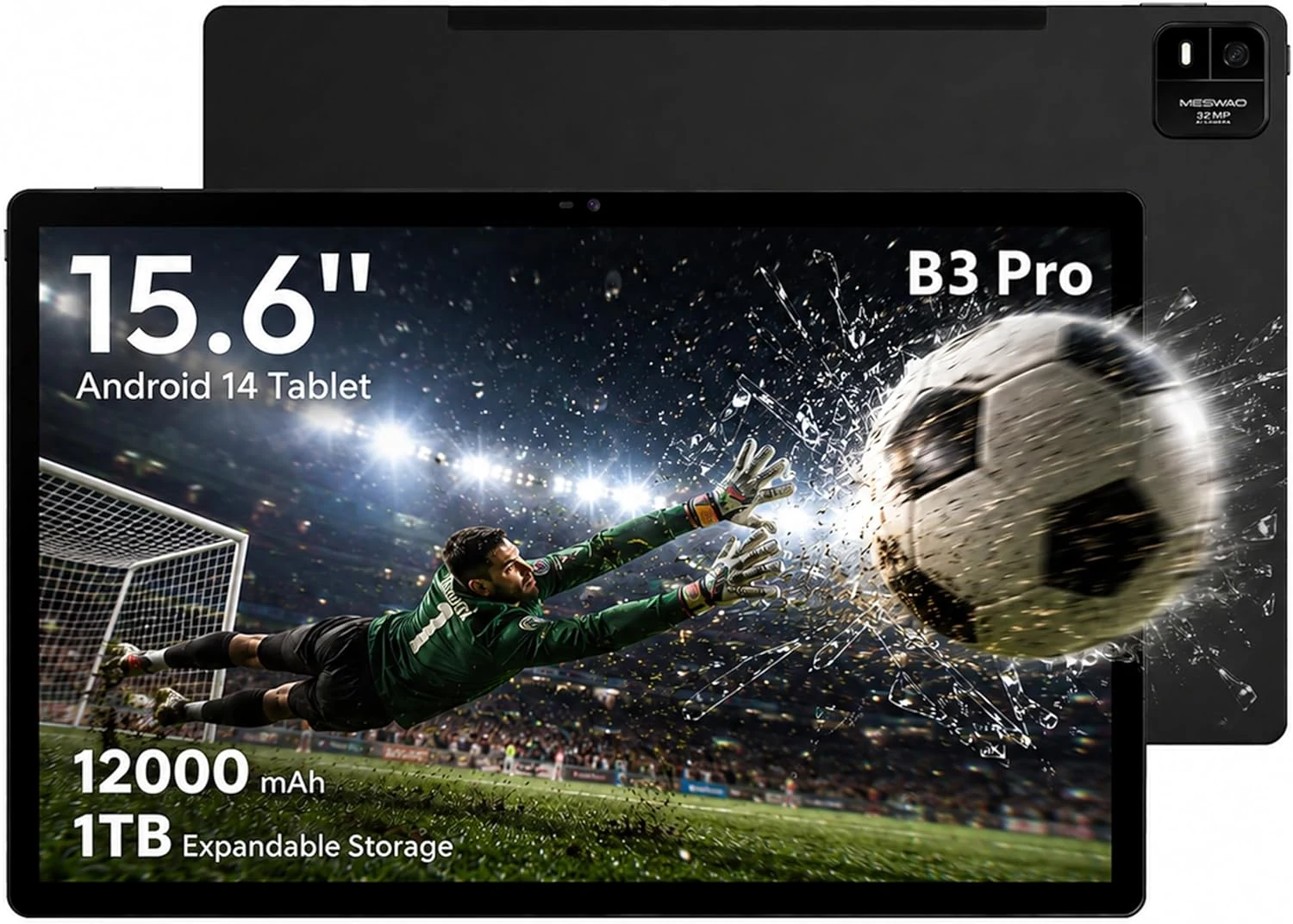 MESWAO 2025 15.6 Inch Pro Android 14 Large Tablet, FHD IPS Display, Helio G99 Octa-Core, 8GB RAM 256GB ROM Expandable 1TB, Quad Speakers, 12000mAh Battery, 30W Fast Charging, Dual Wi-Fi, 32MP Cameras