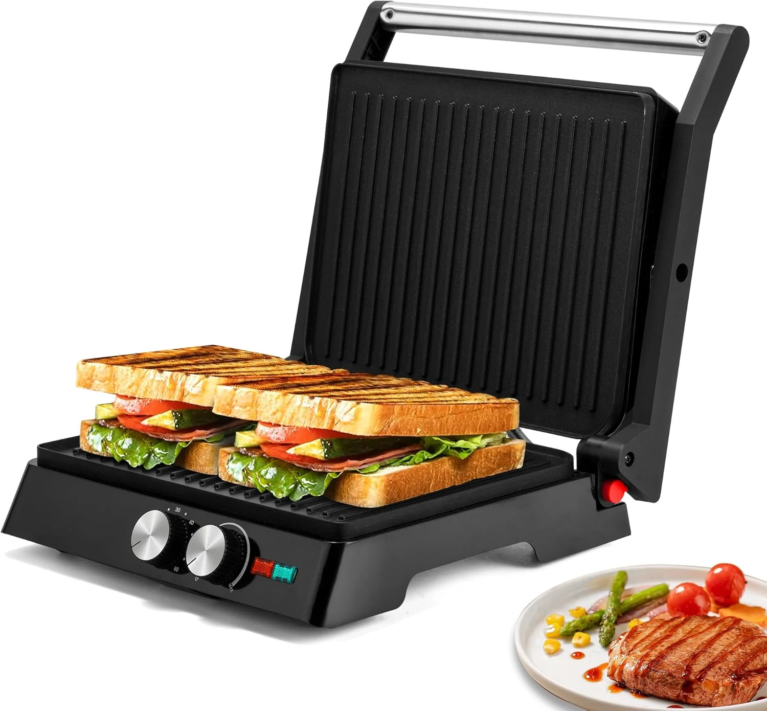 SUSTEAS Panini Press Sandwich Maker and Electric Indoor Grill with Temperature Time Setting, Easy Clean Nonstick Grids, Opens 180°/105° to Fit Any Type or Size of Food, 1400W, BBQ, Black