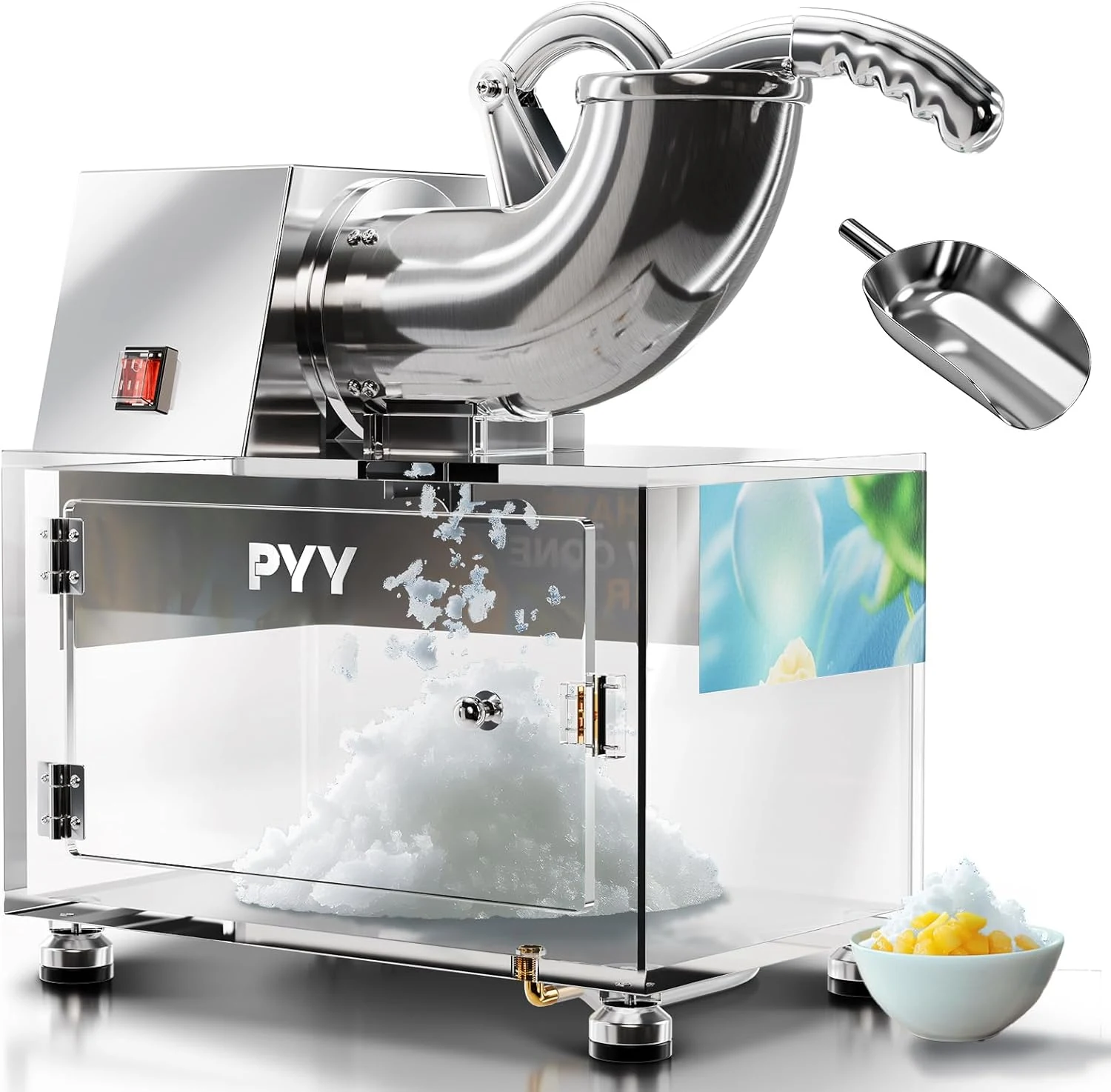 PYY Snow Cone Machine - Commercial Ice Crusher Shaver (Dual Blades, Acrylic Box, Drain Tube)