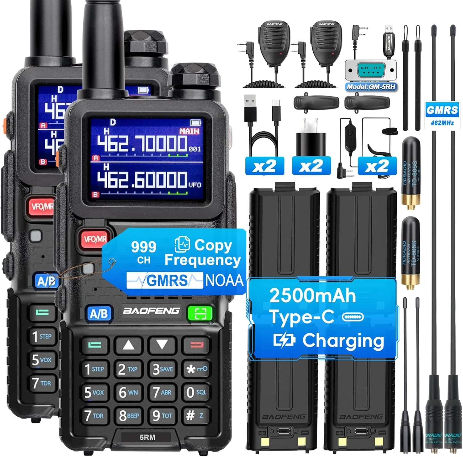BAOFENG 5RM GMRS Handheld Radio, UV-5G Plus(4 x 2500mAh Batteries)