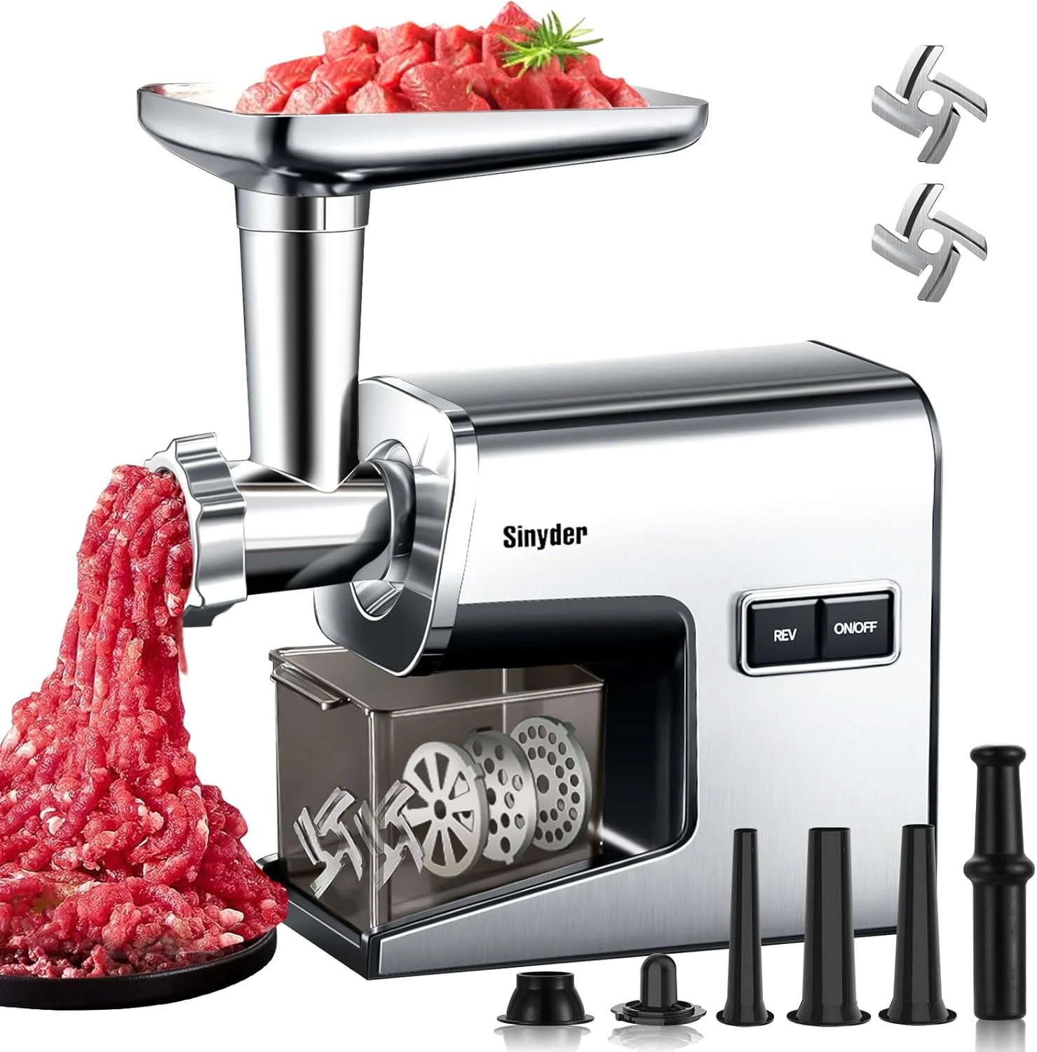 Sinyder Electric Meat Grinder,3000 Max Heavy Duty Stainless Steel Meat Mincer with 2 Blades,3 Grinding Plates,3 Sausage Stuffer Tubes & Kubbe Kit for Home & Kitchen Using
