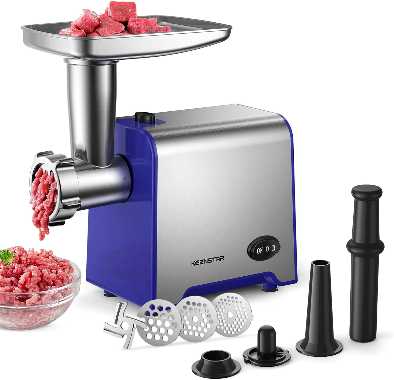KEENSTAR Electric Meat Grinder, Sausage Stuffer Maker 450W Food Grinder with Blade & 3 Plates, Sausage Stuffer Tubes & Kubbe Kit (Blue)