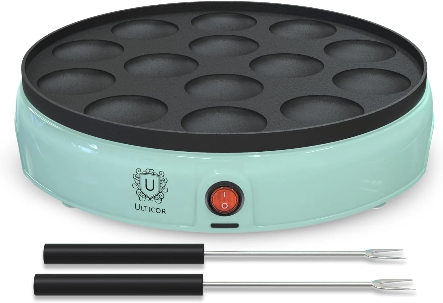 ULTICOR Mini Pancake Maker – 14-Hole Electric Poffertjes Pan – Non-Stick Dutch Mini Pancakes Griddle
