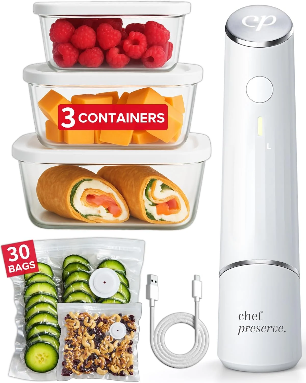 Chef Preserve Compact Vacuum Sealer for Food (Vacuum Sealer Machine + 3 Glass Vacuum Containers + 30 Reusable Vacuum Bags)