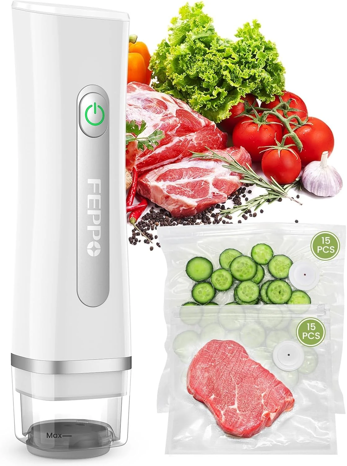 FEPPO Vacuum Sealer for Food with Visible Water Tank, Handheld Saver Compact Vacuum Sealer Machine with 30 Reusable Bags