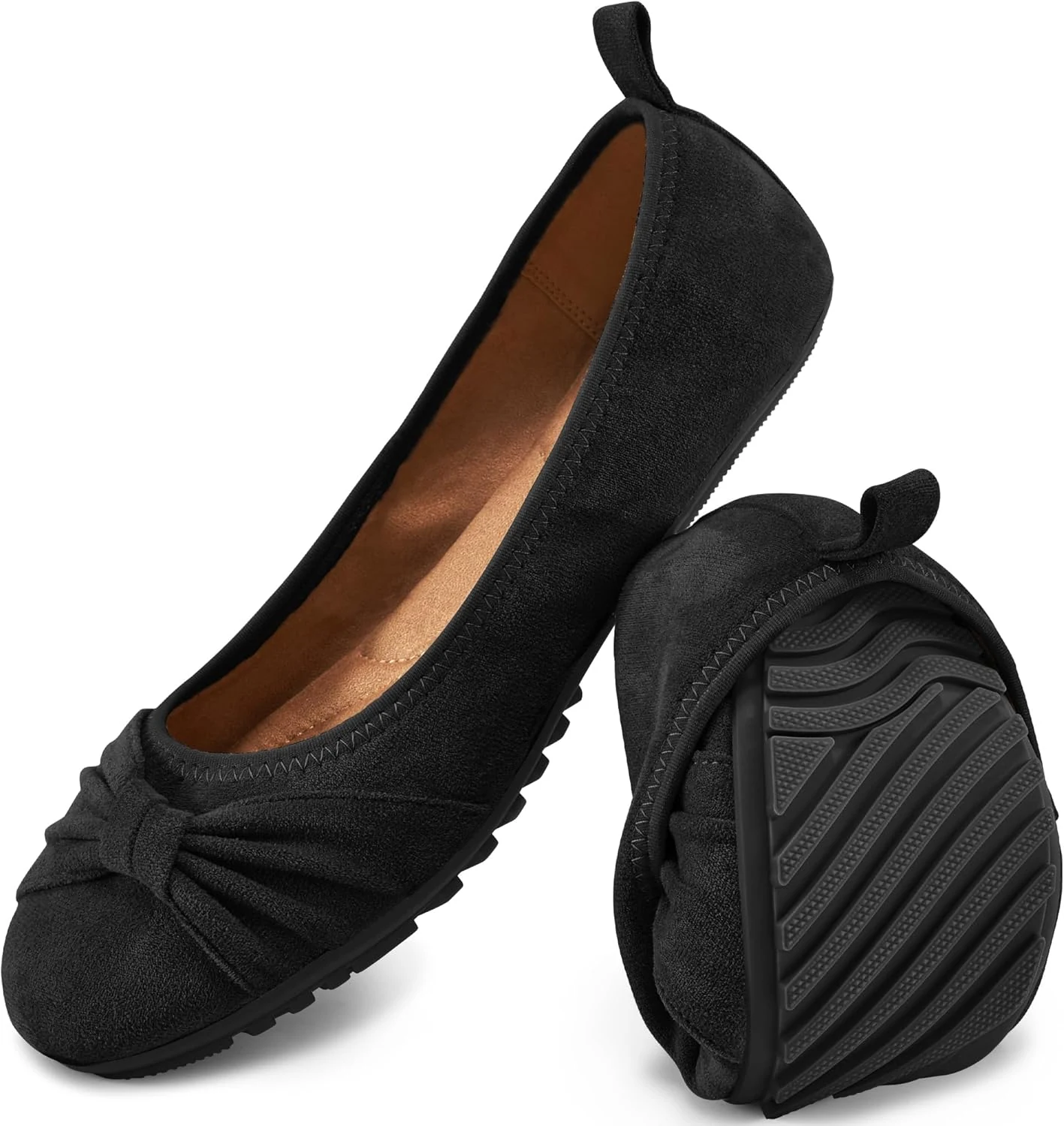 Ecetana Women's Ballet Flats Shoes Dressy Round Toe Bowknot Slip Ons Comfortable Suede Foldable Loafers for Casual Work Business