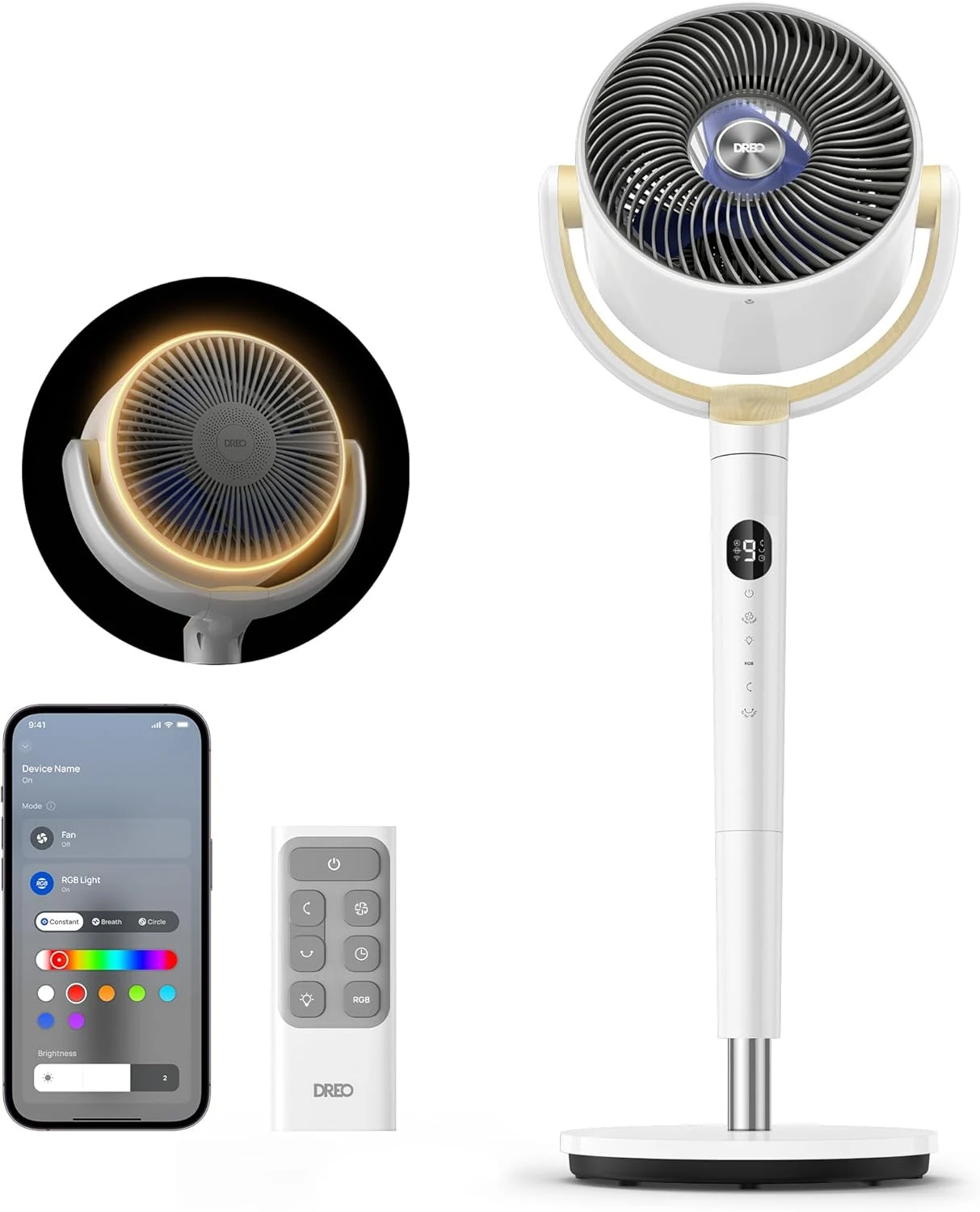 DREO Smart Fan for Bedroom, 120° +120° Omni-Directional Oscillating Fans, 100ft Quiet Pedestal Fan with RGB Light, 9 Speeds, 6 Modes, 20dB, 8H Timer, Wi-Fi/Voice/Alexa, 35-40" Floor Fans with Remote
