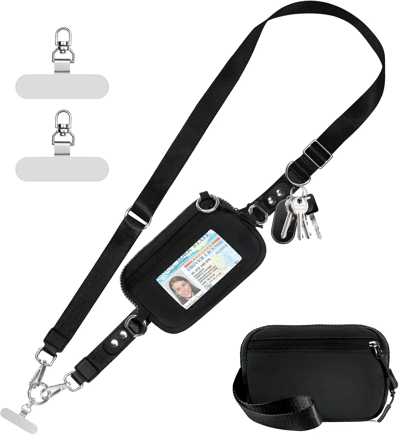Tiostep Clip and Go Strap for Phone with Wallet Crossbody Phone Lanyard Adjustable and Detachable RFID Wristlet Wallet with ID Window and Zipper, Black