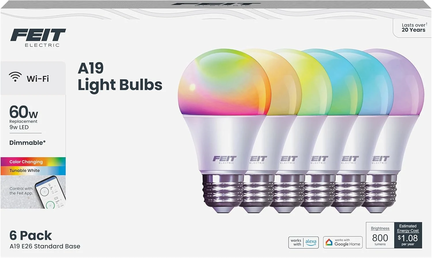 Feit Electric A19 Smart LED Light Bulb, 60W Equivalent, Dimmable, RGBW Color Changing, Alexa & Google Home Compatible, 2.4GHz Wi-Fi Enabled, 800 Lumens, 25,000-Hour Lifetime, OM60/RGBW/CA/AG/6, 6-Pack