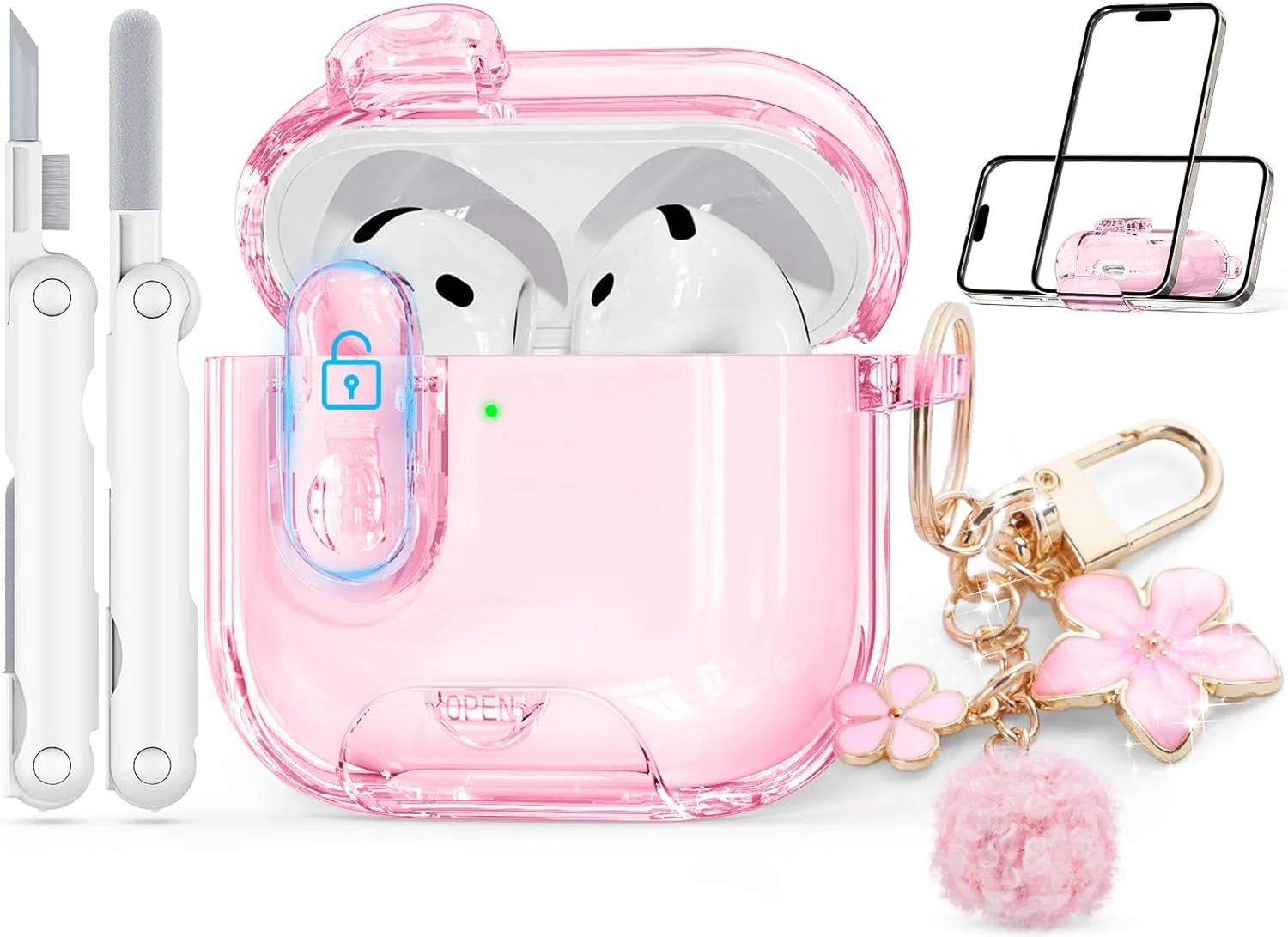 Clear Case for AirPods 4 Case Cover with Safety Lock,Soft TPU Cover with Phone Stand & Cleaning Kit,Cute Bling Keychain for Women Girls-Clear Pink