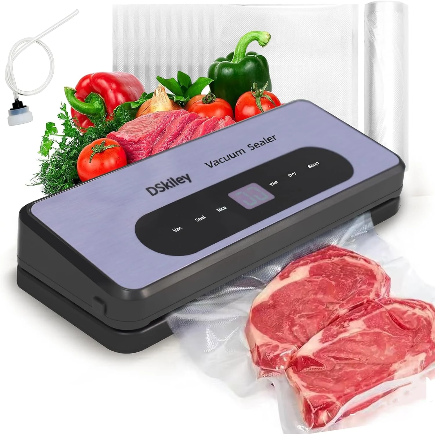 Vacuum Sealer Machine for Food Preservation, 80kPa Powerful Suction, Built‑in Cutter & Starter Kit, Dry & Moist Modes, Digital Countdown, Compact Design, Keep Food Fresh 6X Longer