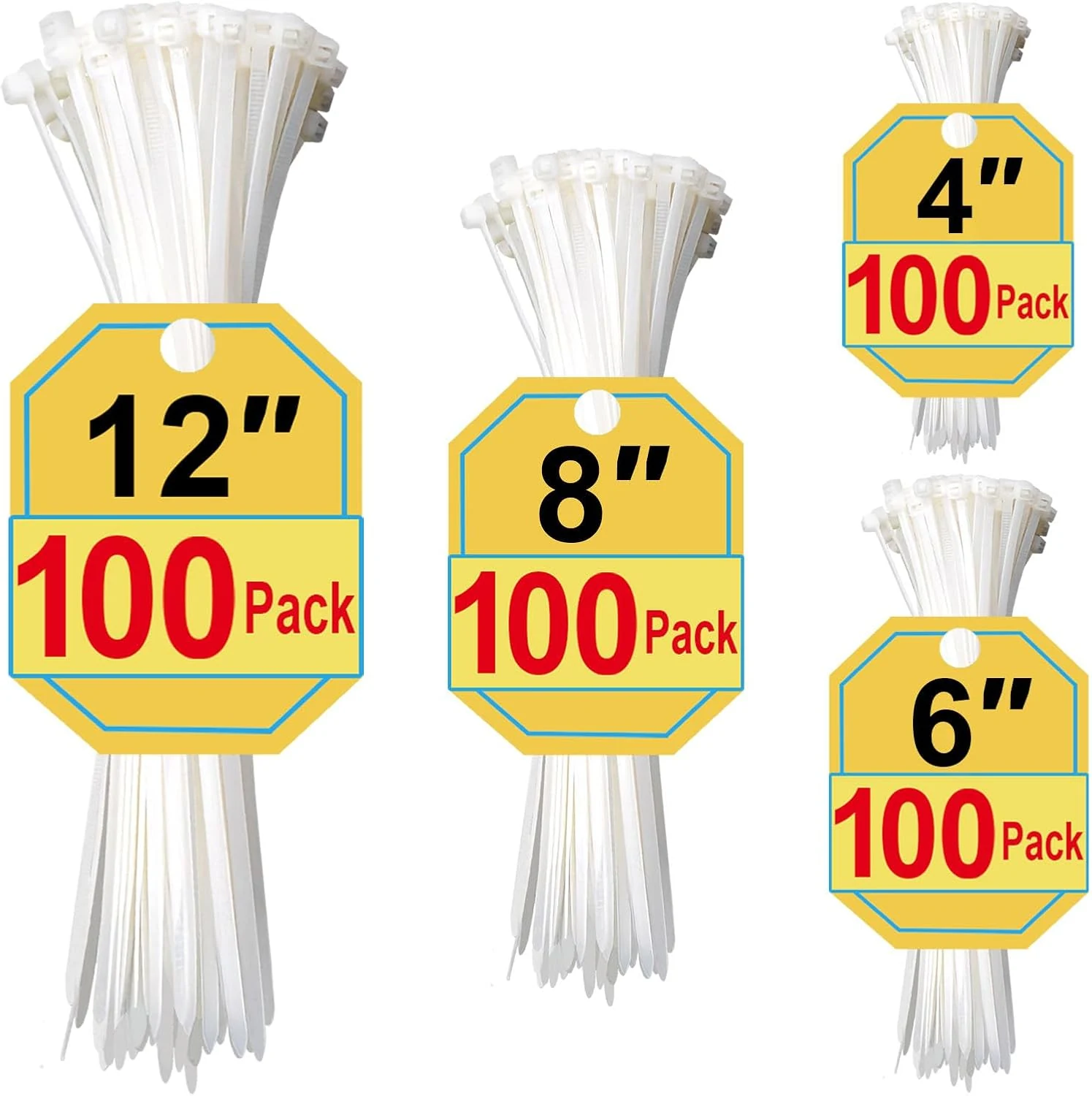 SiKuLin White Zip Ties Assorted Sizes 4+6+8+12 Inch, 400 Pack