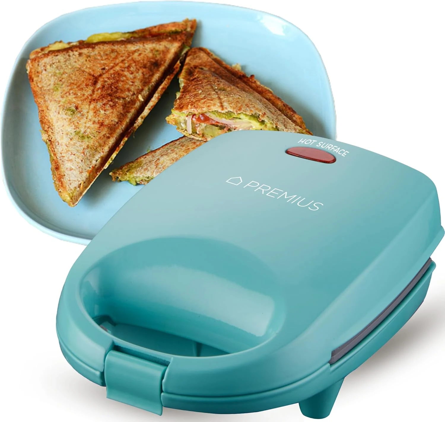 PREMIUS Ceramic NonStick Mini Snack Sandwich Maker, Indicator Light, 5x4.4 Inch Mold, 520 W (Turquoise)