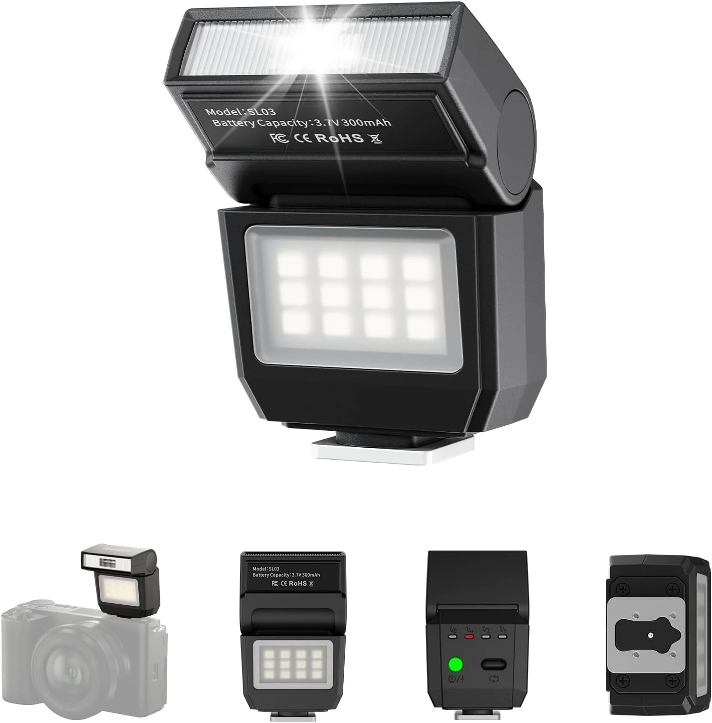 ULANZI SL03 Camera Mini Flash Speedlite with Video Light for Beginners Basic, GN8 6500K Flash 90° Angle Adjustable Compatible with Sony/Canon/Fuji/Nikon DSLR, Universal Single Contact Hot Shoe Mount