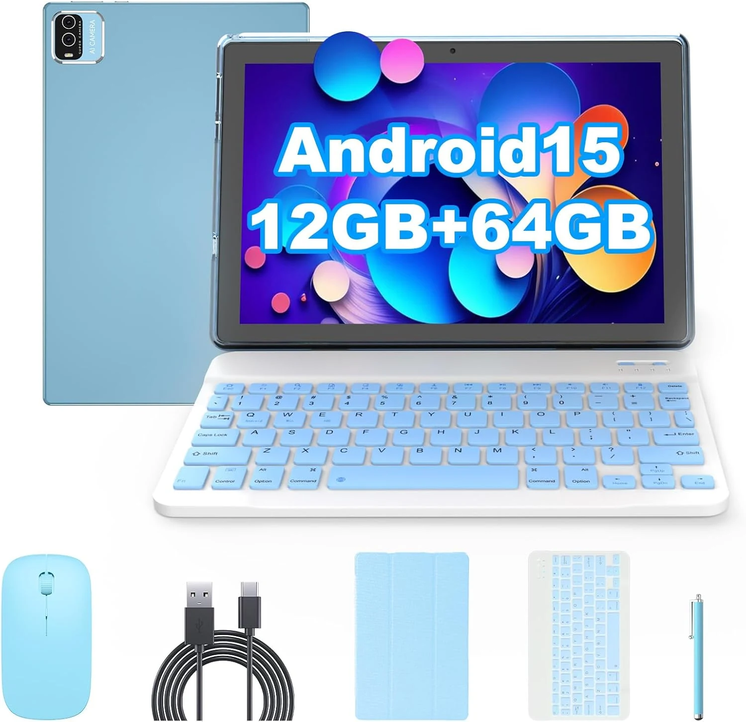 HDTABLET Android 15 Tablet 10 inch, 2 in1 Tablets with Keyboard Case Mouse Stylus
