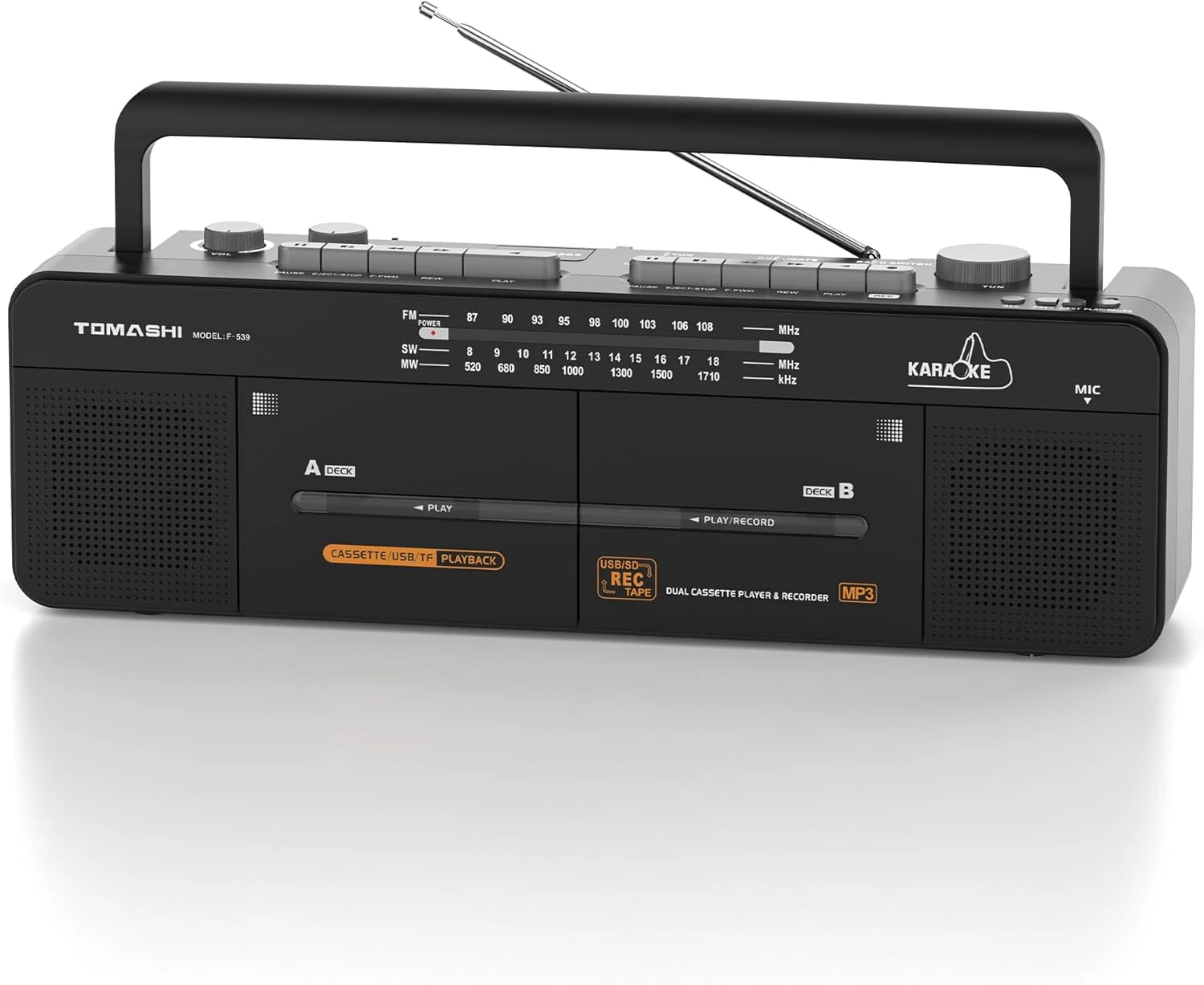 TOMASHI Cassette Tape Player with Stereo Sound, Dual Tape Decks, 3-Band Radio, USB/TF Card Playback, and Tape-to-USB/TF Card Recording Function