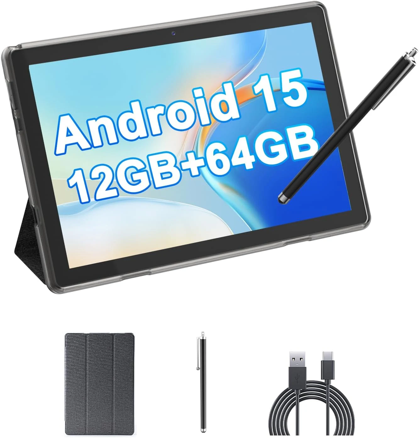 HOTTABLET Tablet 10-inch Android 15, RAM 12GB(4+8Expand) +ROM 64GB, 2+8MP Dual Camera, 6000mAh Battery (Tablet+case+Stylus)(Black)