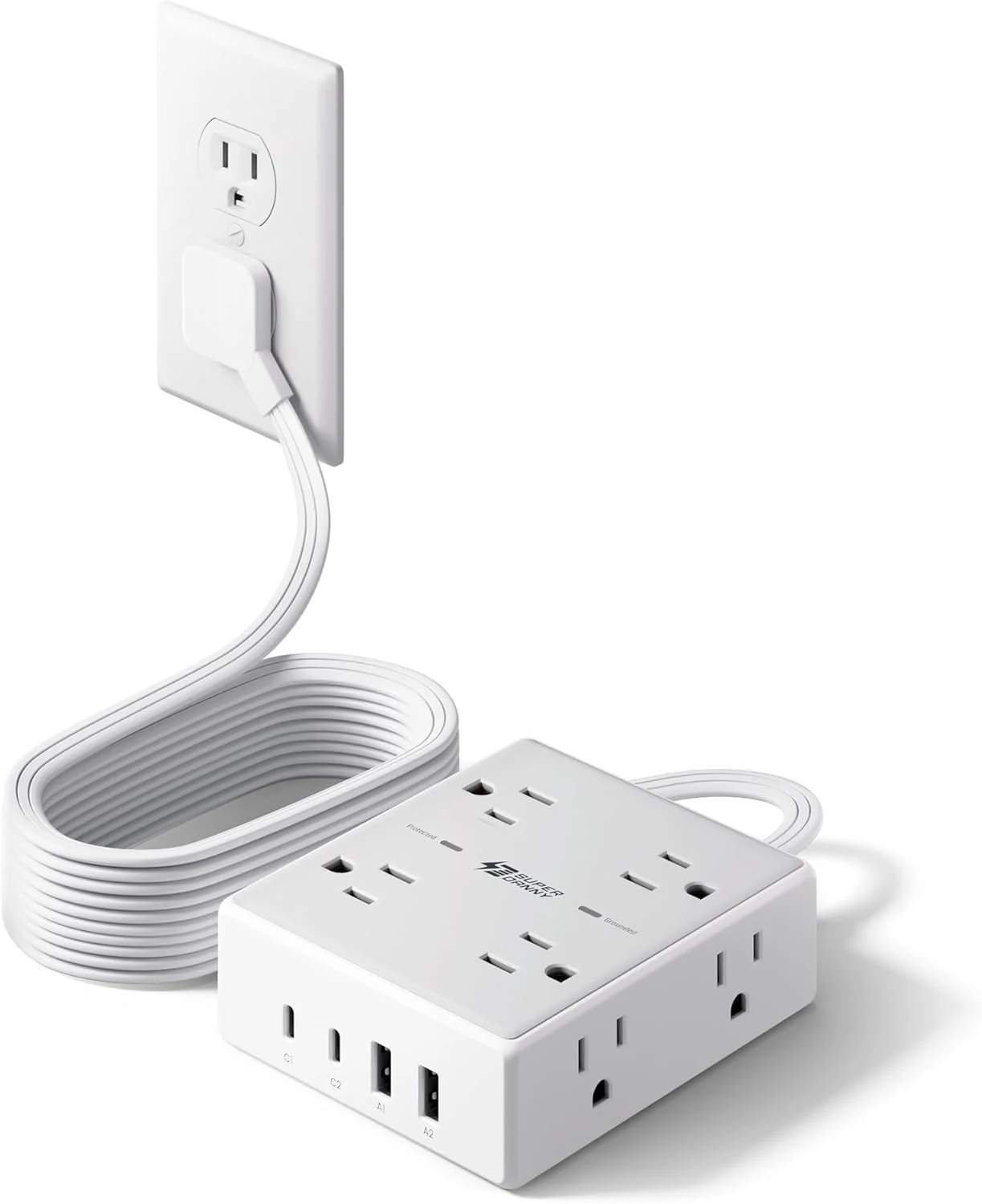 SUPERDANNY 10Ft Extension Cord with Multiple Outlets, Flat Plug Surge Protector Power Strip