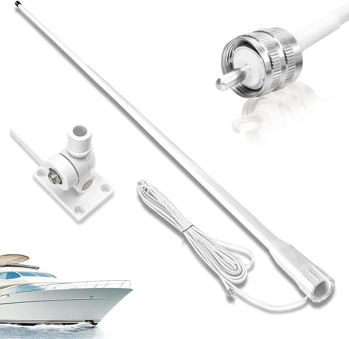 VHF Marine Radio Antenna Boat Fiberglass Antenna Waterproof 156-163MHz 43.5in with 22.9ft/7m RG58 Cable, PL259 Adapter, Adjustable Ratchet Fixed Mount Base Compatible for Cobra Uniden