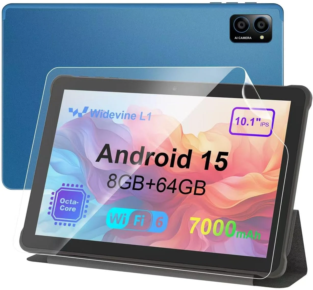 10 inch Android Tablet: Octa-Core, 7000mAh, with Stand Case, IPS HD Display, Wi-Fi 6, OTG, Metal Body – Fast & Portable Tablet for Work & Entertainment, 2-Year Protection, 8GB RAM 64GB, Android 15