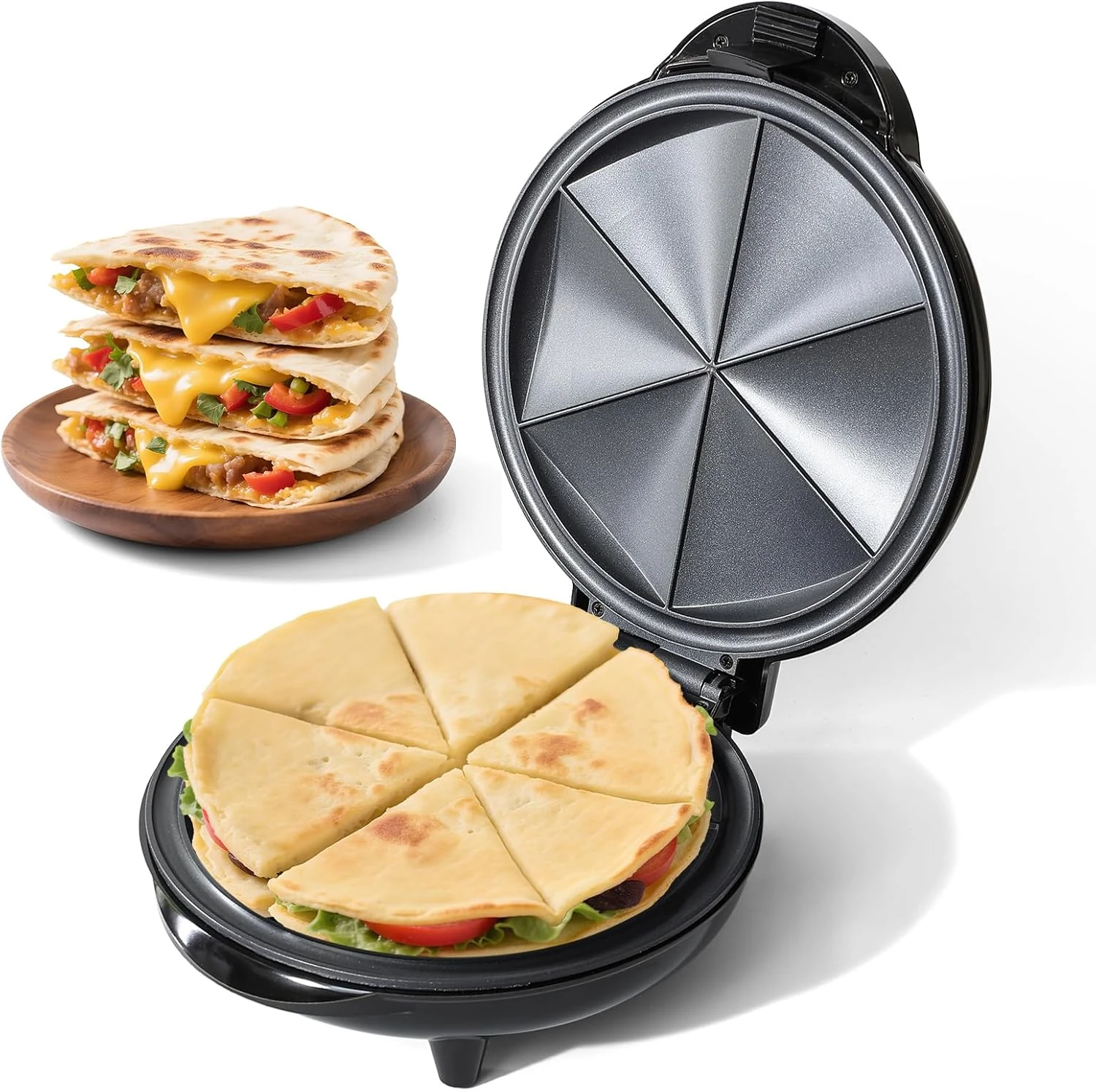 UVFAST Electric Quesadilla Maker Taco Tuesday, 9.5'' Quesadilla Press Non-Stick, Easy-Slice 6-Wedge Tortilla Cooker, Black