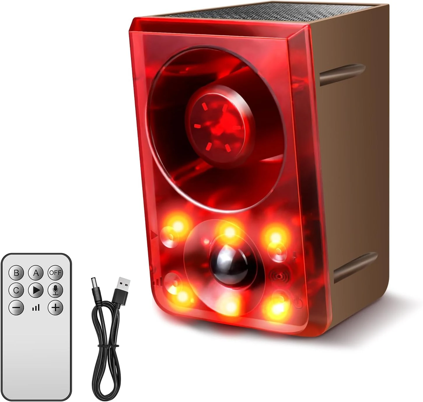 Solar Outdoor Motion Sensor Alarm, Dog Barking&Gunshot Sound,130db Loud Noise Maker,Support Recording,13 Kinds of Sound and Strobe Light to Deter Raccoons, Deer, Skunks, Bears, and Coyotes