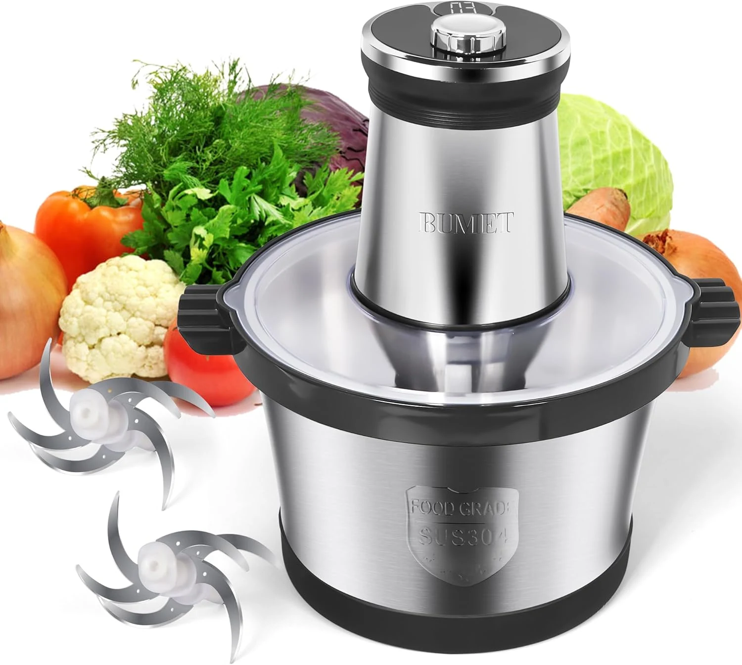 BUMET 16 cup steel bowl 850W Electric Food Processor, LED timer, 6 cutting edges