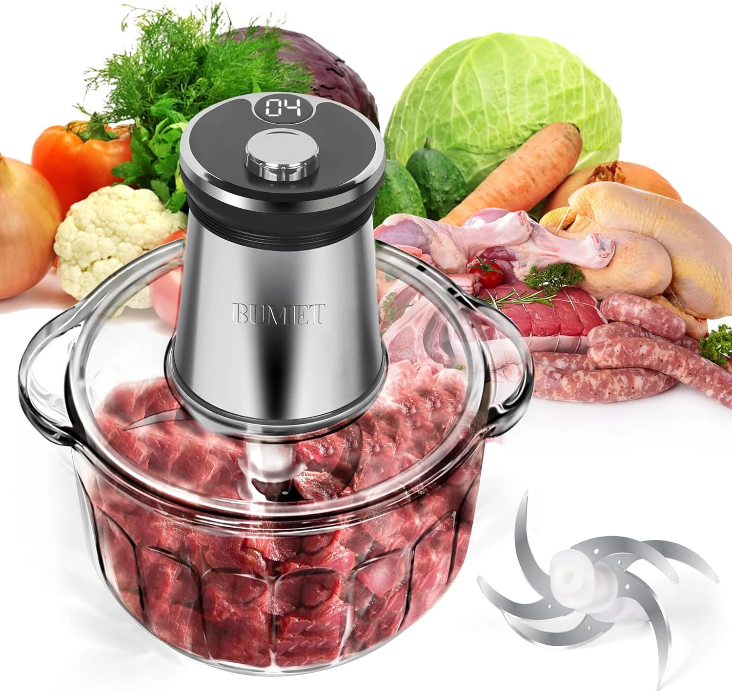 BUMET 16 cup glass bowl 850W Electric Food Processor,LED timer.