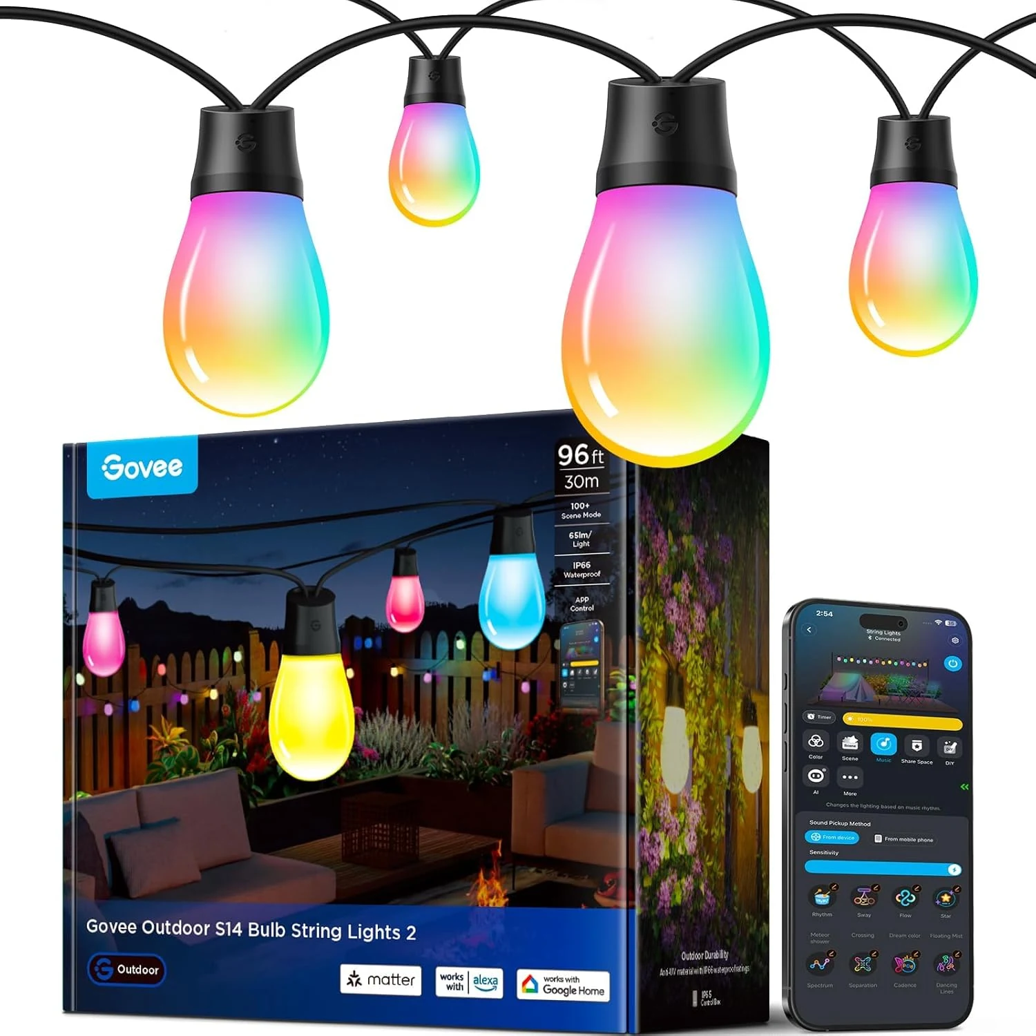 Govee S14 Bulb Outdoor String Lights 2, 96ft Smart RGBIC Warm White Lights with 30 LED Bulbs