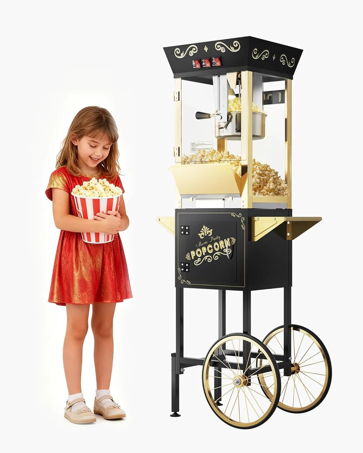 12 oz Upgraded Popcorn Machine Cart, Popcorn Maker Machine with Stainless-Steel Kettle (ELOMBR)