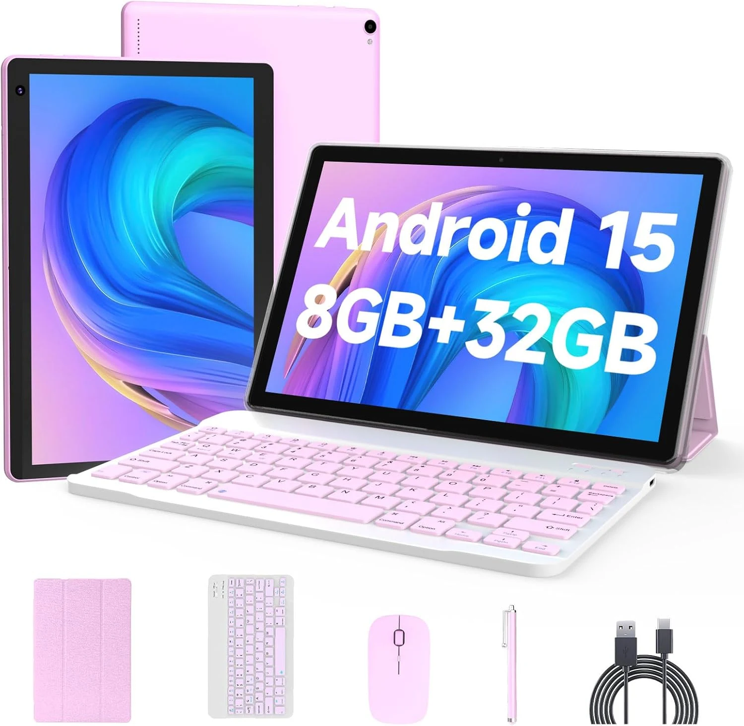 Android 15 Tablet 10 inch, 2 in 1 Tablets with Keyboard Case Mouse Stylus (8GB RAM, 32GB ROM, 1TB Expand)