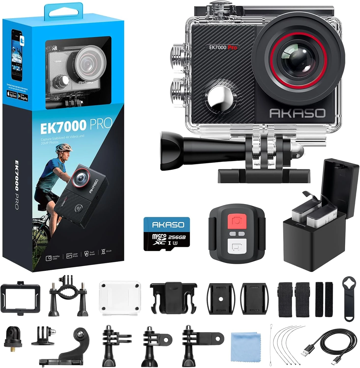 AKASO EK7000 Pro 4K30fps Action Camera with 256GB MicroSDXC U3 Card Accessories Kit Bundle
